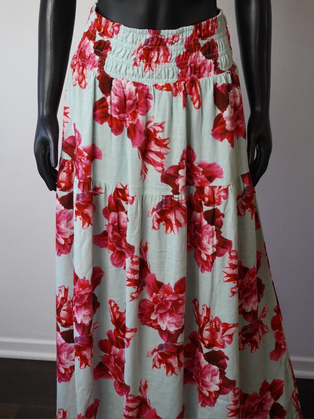 Paper Heart Floral Tiered Maxi Midi Skirt Mint Pink Large